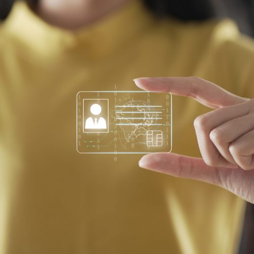 human hand holding digital identification card, technology and innovation concept. hand and digital identification card or digital ID.