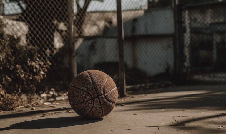 A basketball sits on a court in front of a fence, generative AI
