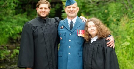Master Warrant Officer Jeffrey Evely (Ret’d) with his son and daughter (Photo courtesy of Jeffrey Evely)