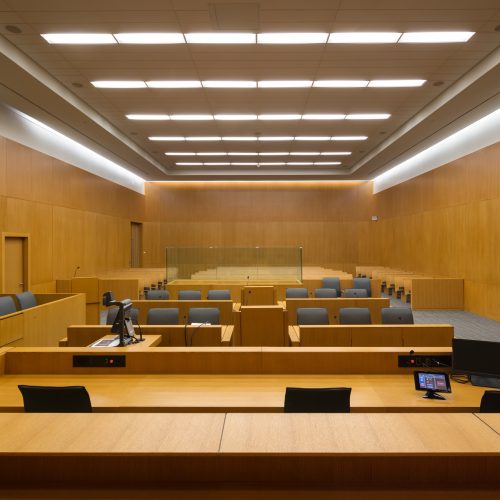 Wide angle panoramic view of a new courtroom from the Bench