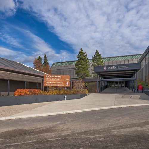 Whitehorse, Yukon, Canada – October 06, 2023:  Entrance to the Yukon Legislative Assembly